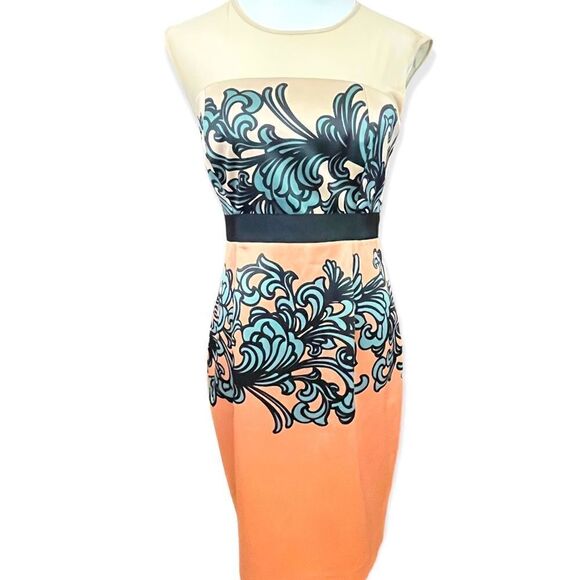 New York & Co Form Fitting Body Con Satiny Peach and Blue Dress Sheer Bust Small - Picture 1 of 9